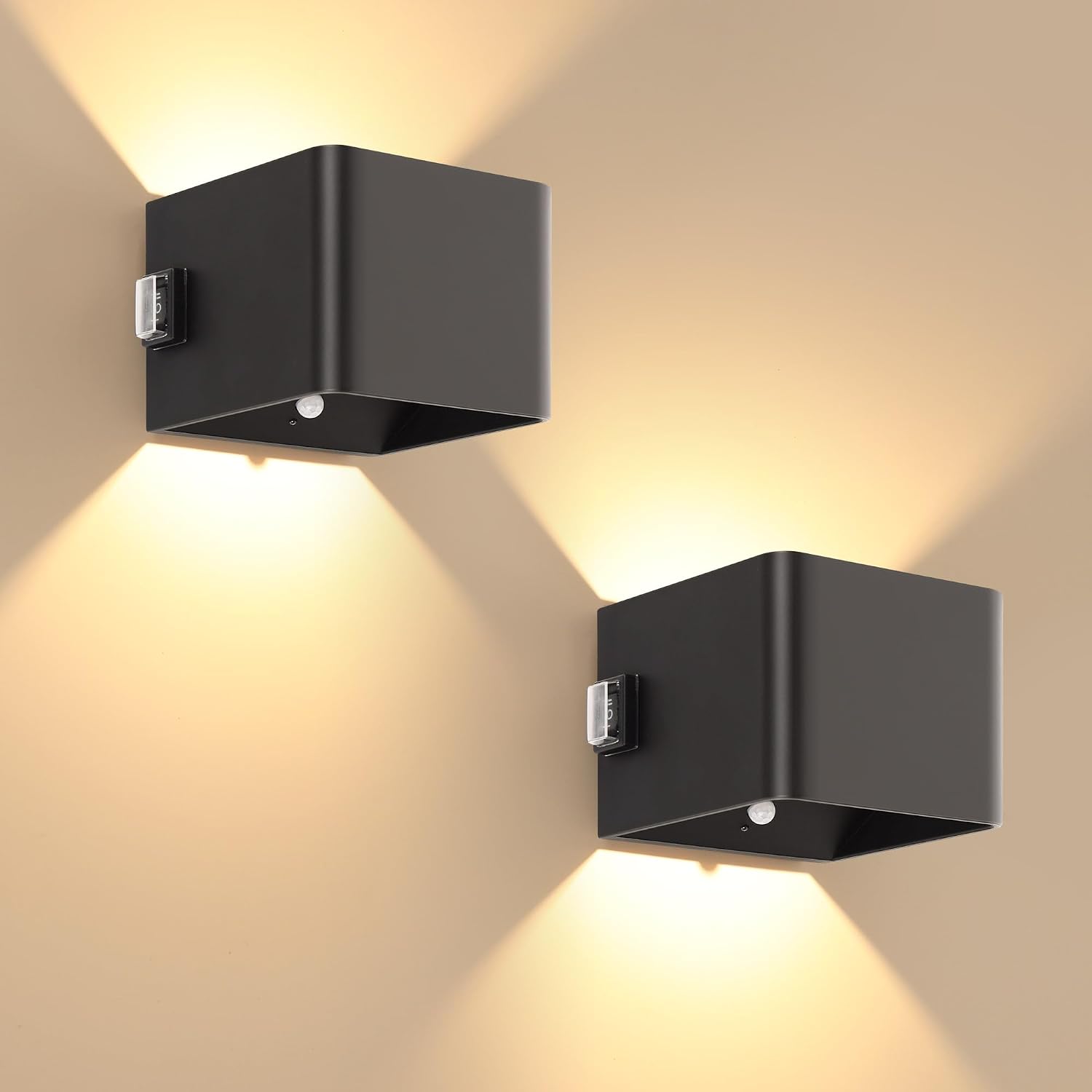 LUTEC 2 Pack Motion Sensor Wall Light, 5000mAh Rechargeable Battery Powered Wall Lamp, Two Adjustable Modes, Waterproof, Wireless LED Up and Down Wall Sconce for Living Room, Hallway, Bedroom-Black