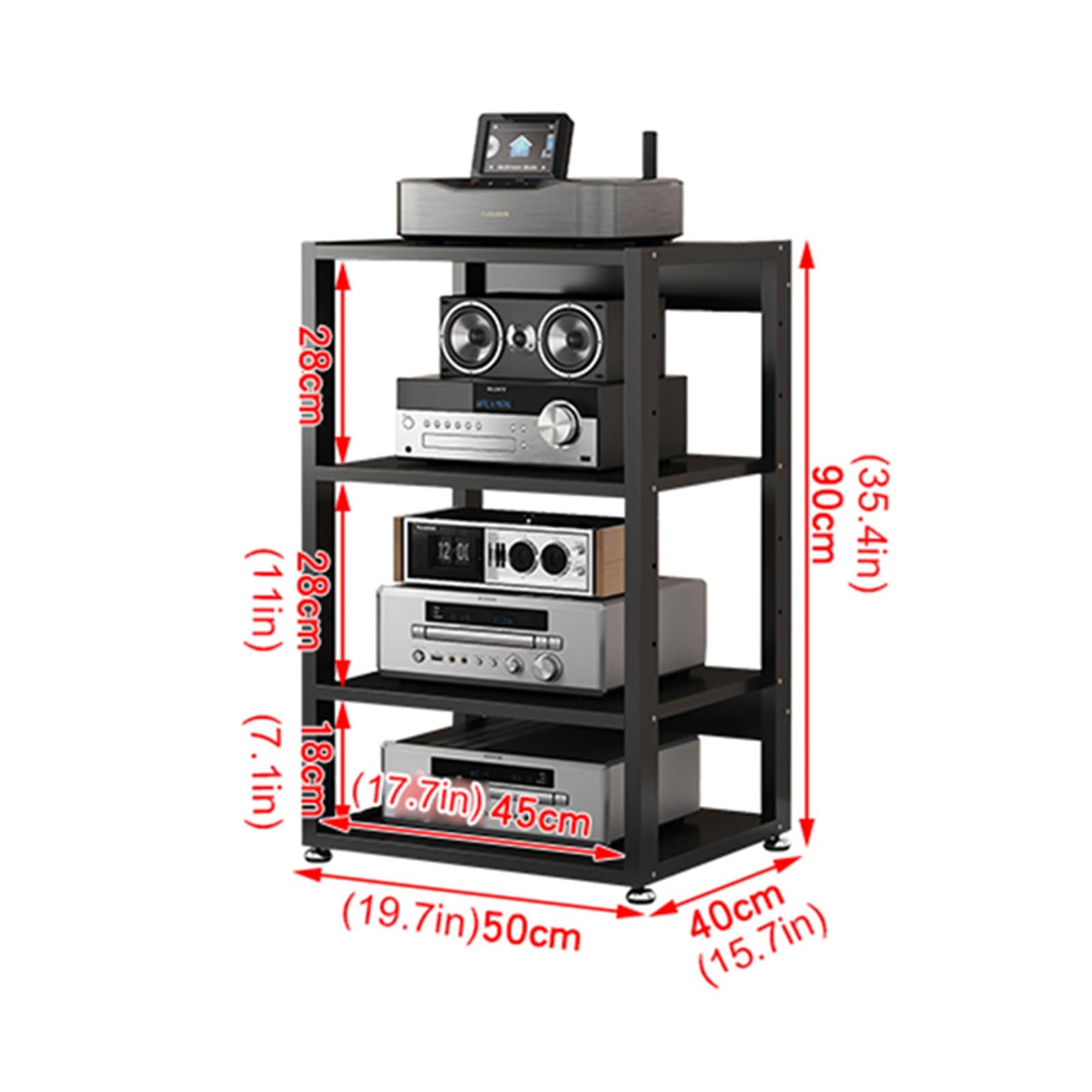 4-Tier AV Media Stand Power Amplifier Rack CD Player Audio Cabinet, Corner TV Stand Audio Tower with Height Adjustable Wooden Shelf, Corner Entertainment Media Center (Color : A, Size : 50x40x90cm)