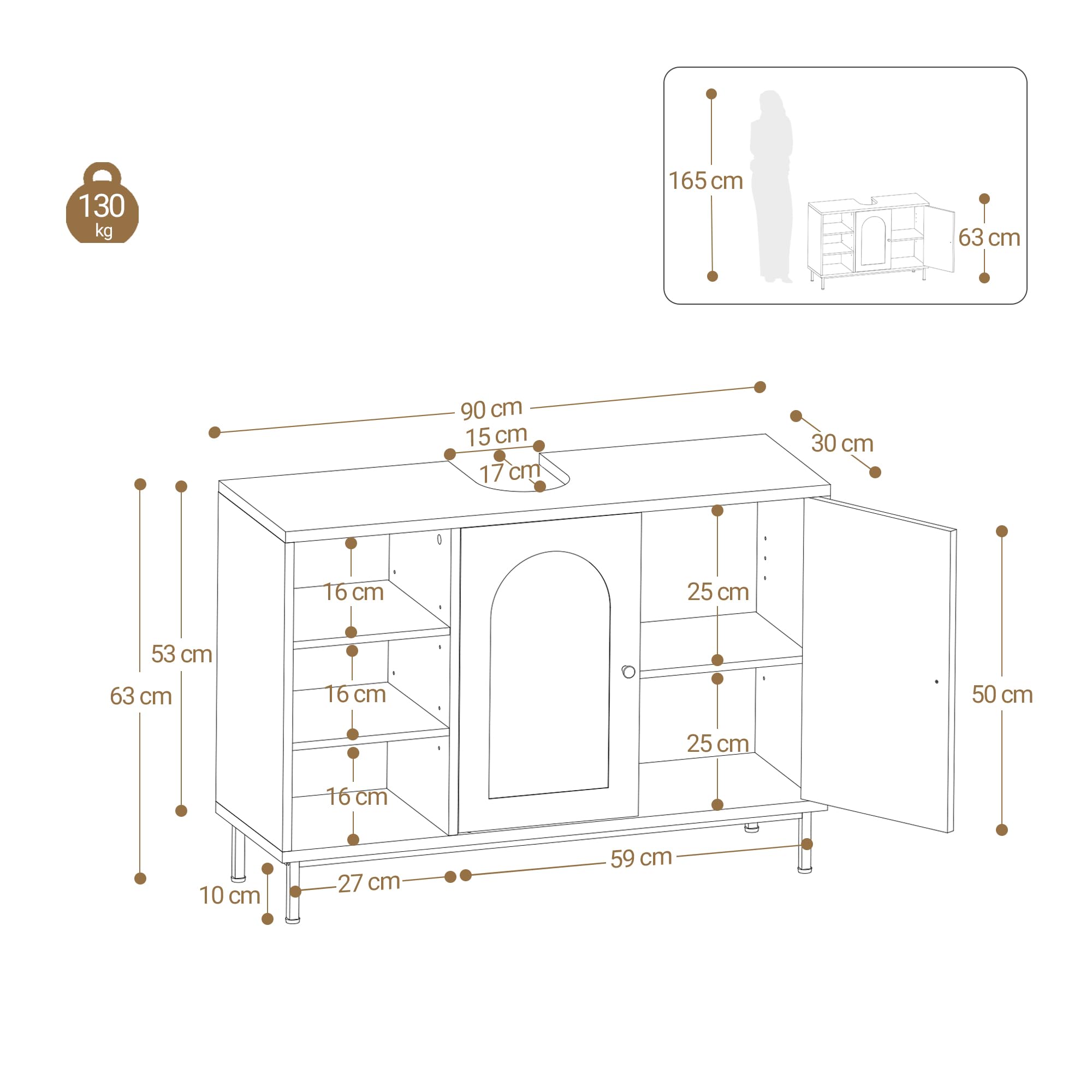 Hzuaneri Mobile Sottolavabo per Bagno, Mobiletto da Bagno, con 2 Ante 2 Scompartimenti, Scomparto Regolabile, Ampio Spazio di Archiviazione, Stile Moderno, 30 x 90 x 63 cm, Bianco BC09803W