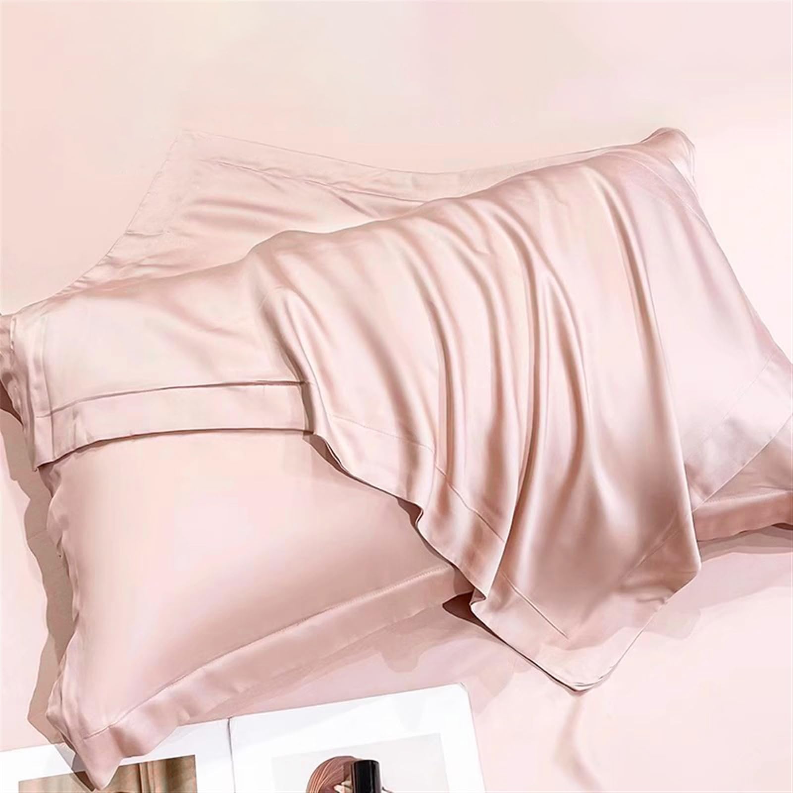 GIBZ Taie d'oreiller en Soie Lot de 2 Fermeture Enveloppe Taie Oreiller en Rayonne Unie Housse Coussin pour Les Cheveux et la Peau Rose 48x74cm