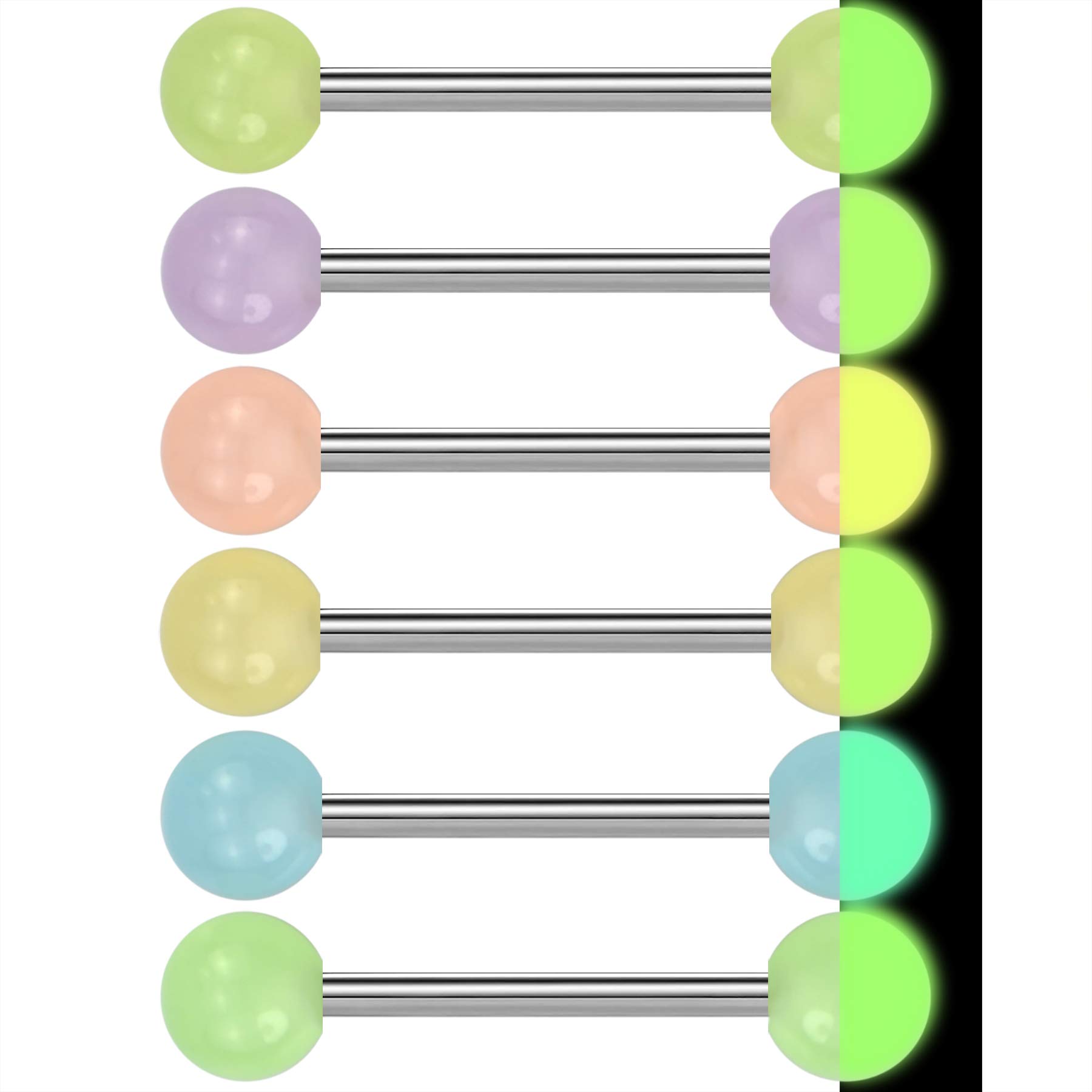 OUFERBody Piercing 6 Anillos para Lengua, Barras de Lengua de Acero quirúrgico 316L de 14 G Que Brillan en la Oscuridad para la Lengua, joyería para Hombres y Mujeres