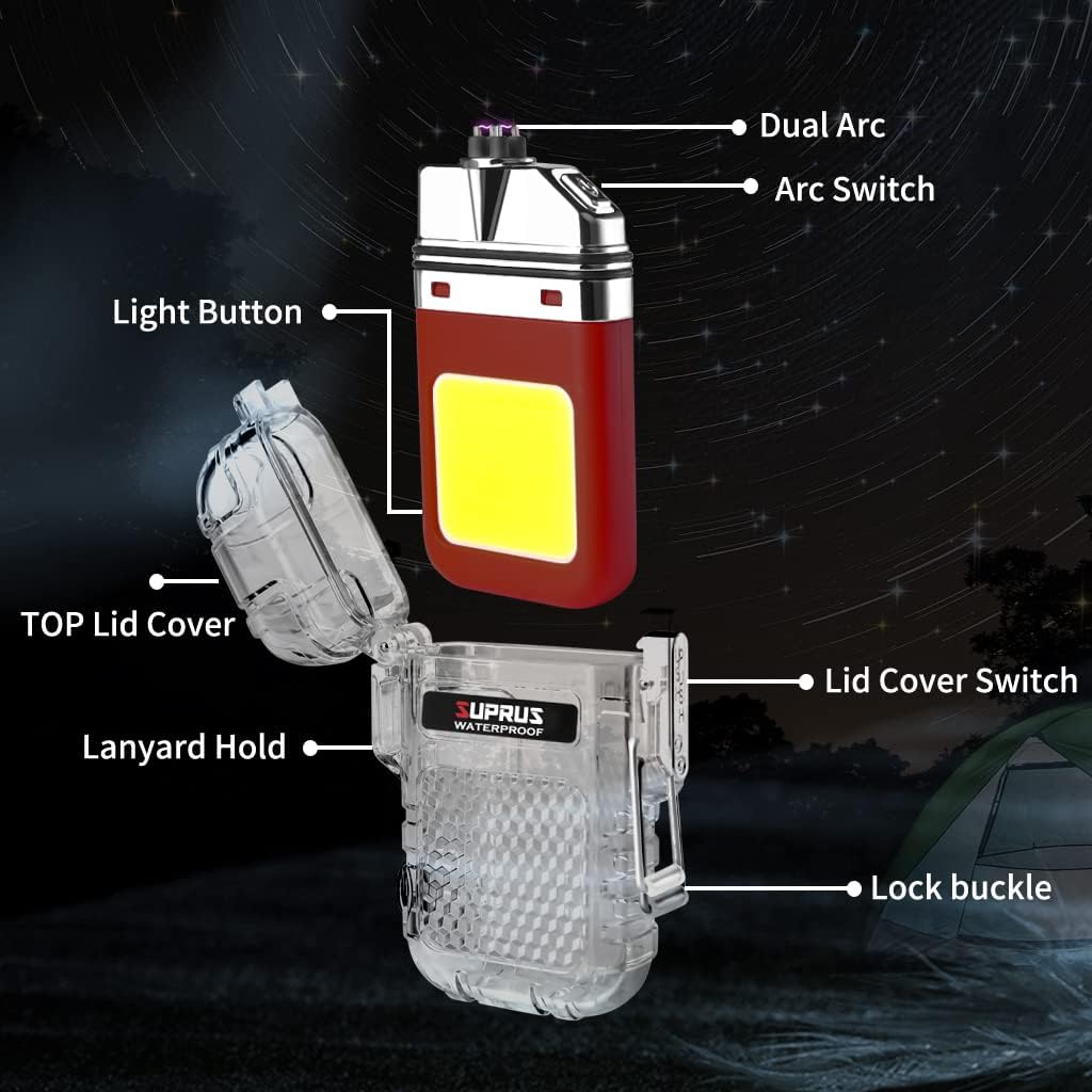 SUPRUS Waterproof 3 Modes of Flashlight Windproof Lighter Dual Arc Electric Rechargeable Dual Arc Plasma Lighter with Survival Emergency Whistle and Lanyard (Red, 2Packs)