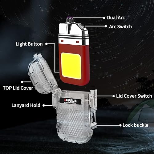 Miniatura 2 de SUPRUS Impermeable 3 modos de linterna a prueba de viento, encendedor de plasma de doble arco eléctrico recargable de doble arco con silbato de
