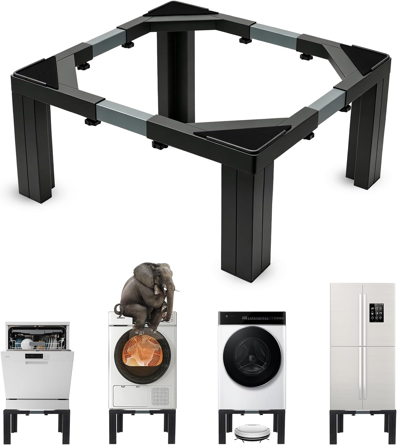 WBD Heavy-Duty All Steel Washer and Dryer Pedestals Height 12", 1200lbs Refrigerator Stand with 4 Strong Feet, 21-29 Inch Adjustable Laundry Pedestal, Mini Fridge Stand, Ice Maker Stand, Black