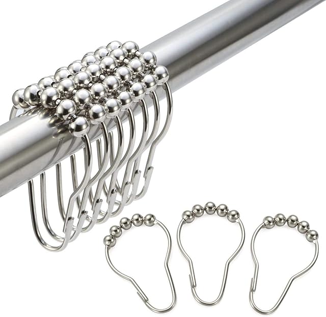 Ruiuzi Shower Curtain Hooks Rings Rust-Resistant Stainless Steel Roller Balls Chrome Metal Silver Colour (12pack)
