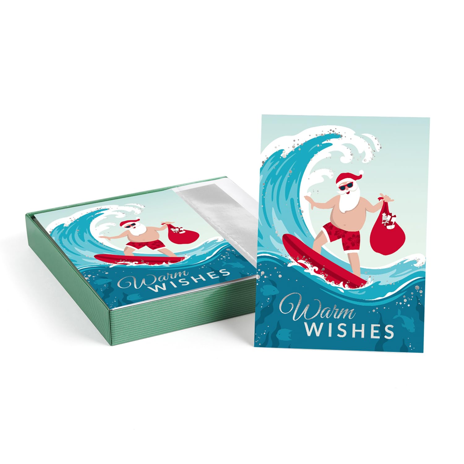Masterpiece Surfing Santa Weihnachtskarten, 16 Boxed Beach Holiday Cards mit Silberfolien-Akzenten und passenden Umschlägen, 14 x 19 cm, gefaltete warme Wünsche Winterurlaub-Grußkarten mit Innentext