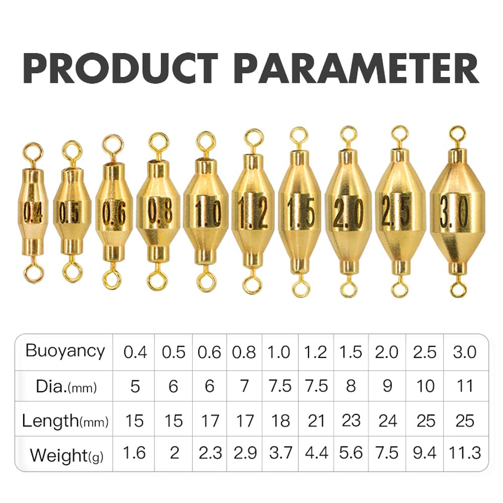 Conskyee 10pcs Brass Fishing Weights, Inline Fishing Sinkers, Double Swivel Ring Trolling Sinker for Freshwater Saltwater, 0.06oz-0.4oz