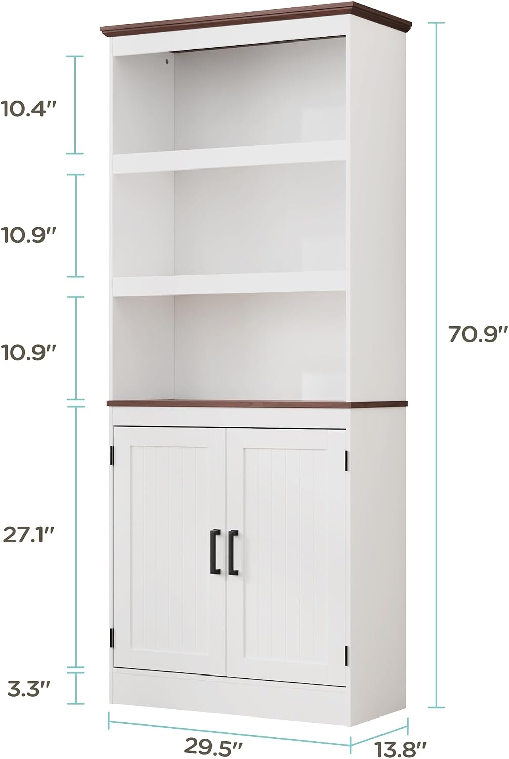 MHOM 71" Tall Bookshelf with Doors, 5 Tiers Farmhouse Bookcase with Adjustable Shelves, Wooden Rustic Display Cabinet for Home Office, Living Room, White
