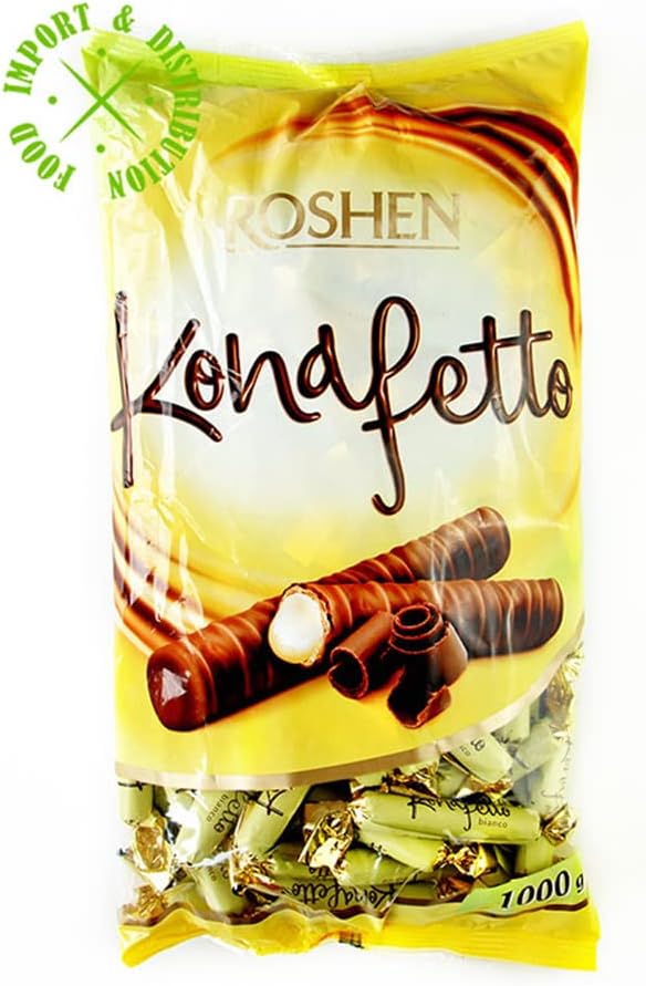 Chocolate Covered Wafer Candy Konafetto Bianco Condensed Milk-Cream Filling, Delicious, Flavorful Sweets Bulk Candy 2.204lb/1kg
