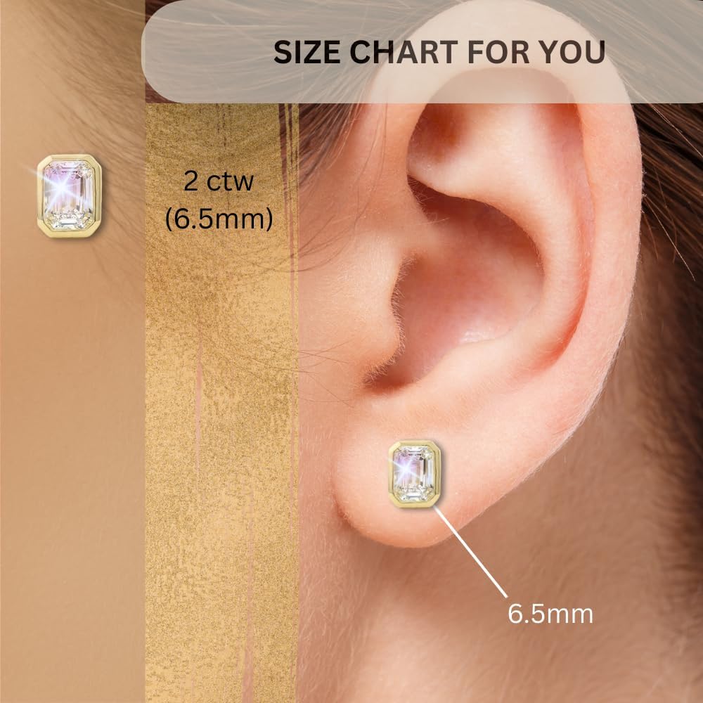 14K Solid Gold Lab Grown Moissanite Bezel Stud Earrings for Women | Round, Emerald, Cushion, Oval, Heart & Pear Cuts | Push Back & Screw Back | Hypoallergenic | Made in USA | Gift for Her - Image 7