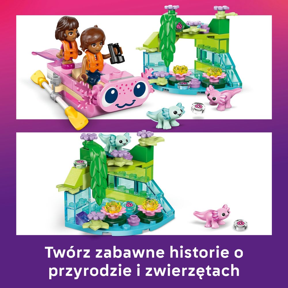 LEGO Friends Przygoda na aksolotlowej łodzi, klocki dla 5-latki z łódką, minilaleczką i mikrolaleczką, zabawka dla dziecka do odgrywania ról, pomysł na prezent dla dziewczynki od 5 lat i chłopca 42681