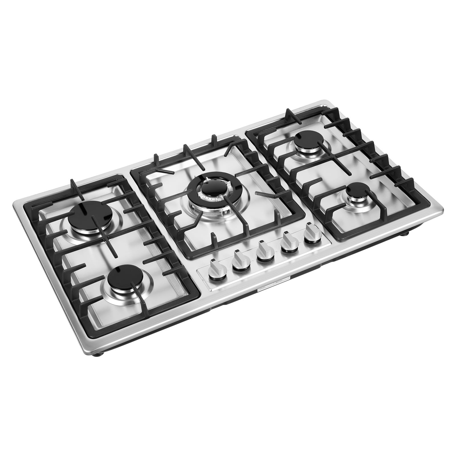 Piano Cottura A Gas 5 Fuochi In Acciaio Inox, Da Incasso, Dimensioni 86x51x8 Cm, Con Valvole Di Sicurezza E Accensione Elettrica, Per Gas Naturale/propano