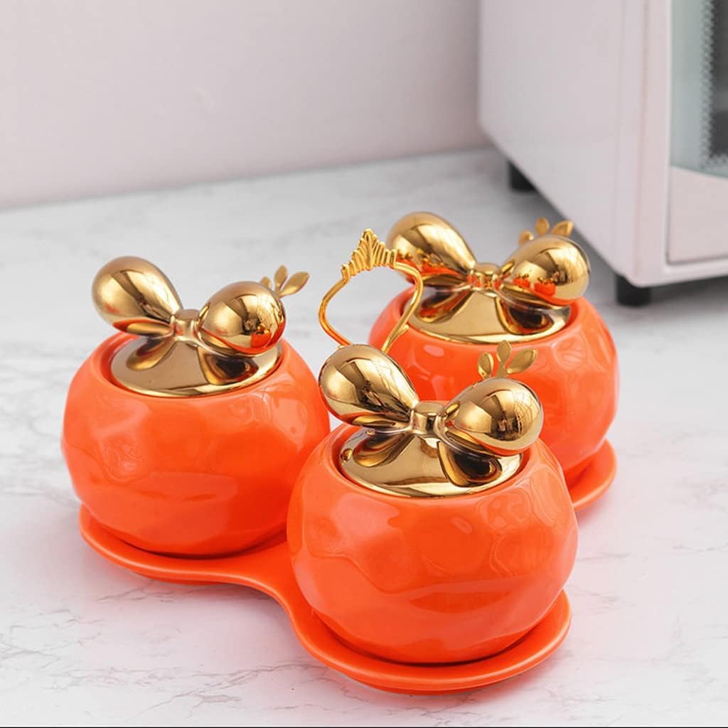 SAeWare Gewürzdose, Gewürzbehälter, Keramik, Gewürzglas mit Tablett und Löffel, Set, Küche, Salz, Zucker, Pfeffer, Gewürzbehälter, Gläser, Küchentheke, Orange