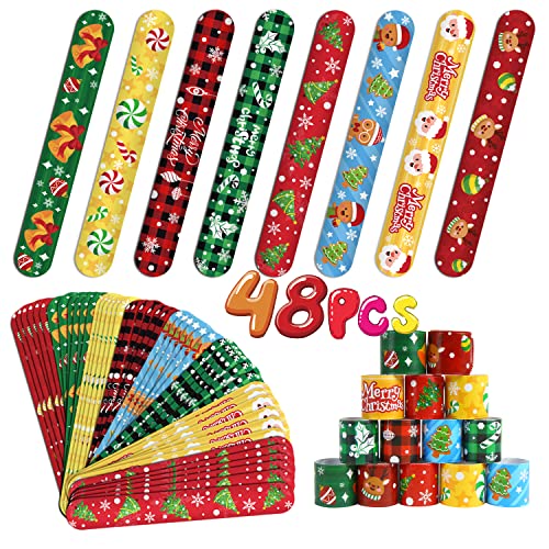 FOIMAS 48pcs Christmas Slap Bracelets Xmas Santa Reindeer Snap Bracelet Wristband for Kids Christmas Stocking Stuffer Bag Filler Party Favor Supply