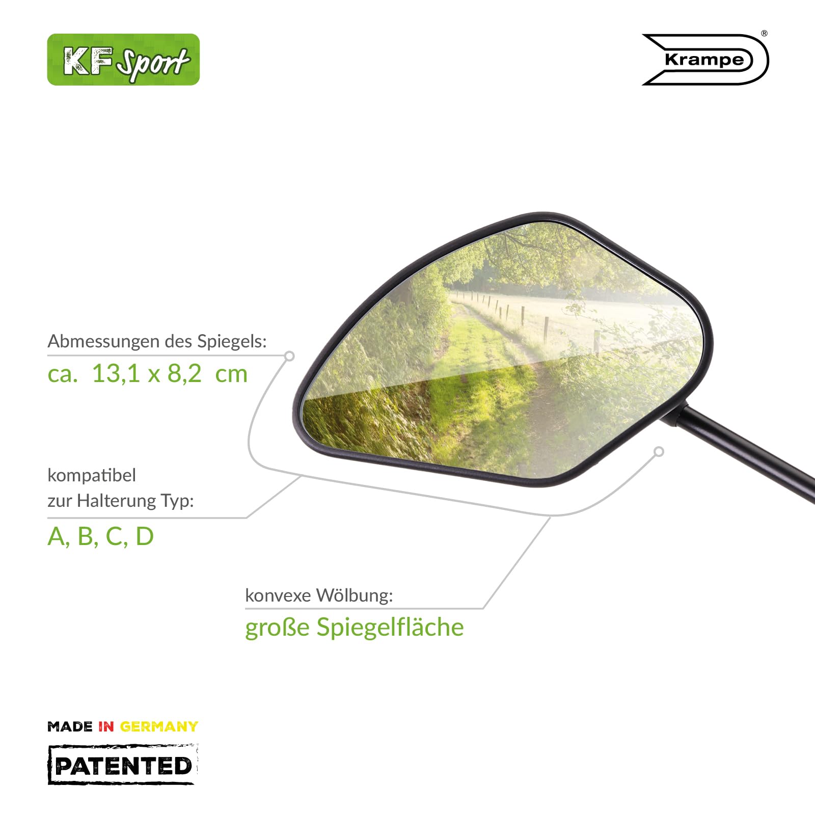 Krampe Fahrradspiegel "KF Sport Typ C"- Made in Germany, stabiler Rückspiegel für E-Bike & Fahrrad, individuell einstellbar, für linke und rechte Lenkerseite erhältlich