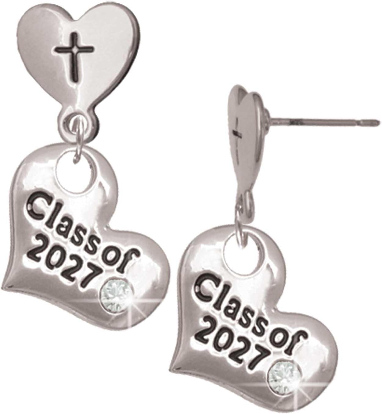 Delight Jewelry Silvertone Class of Heart Cross in Heart Post Dangle Earrings
