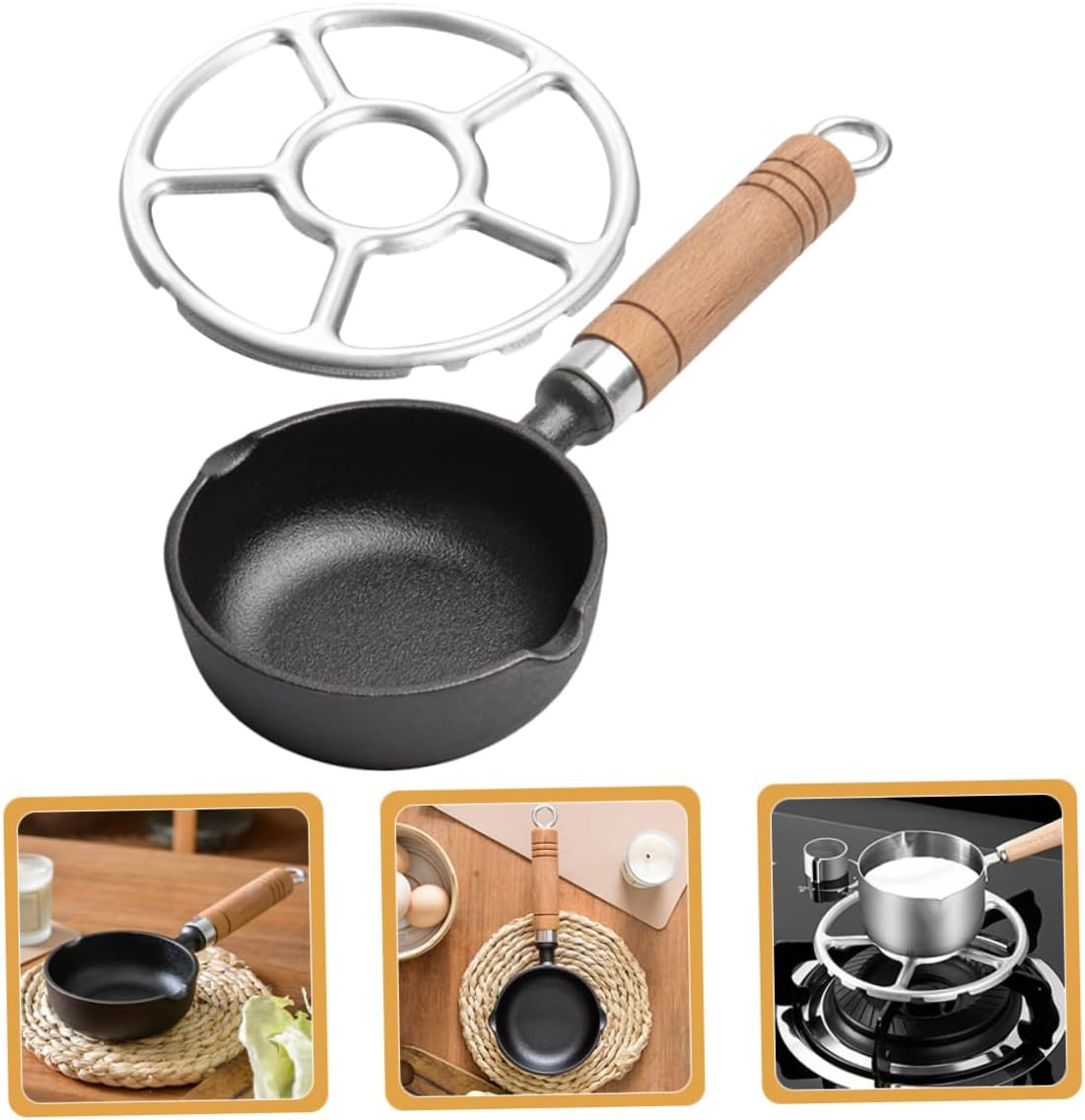 Cast Iron Egg Frying Pan Set 2-Piece Pour Oil Wok Wooden Handle Non-Stick Small Cooking Pot for Butter Melting and Egg Cooking for Home and Kitchen Use