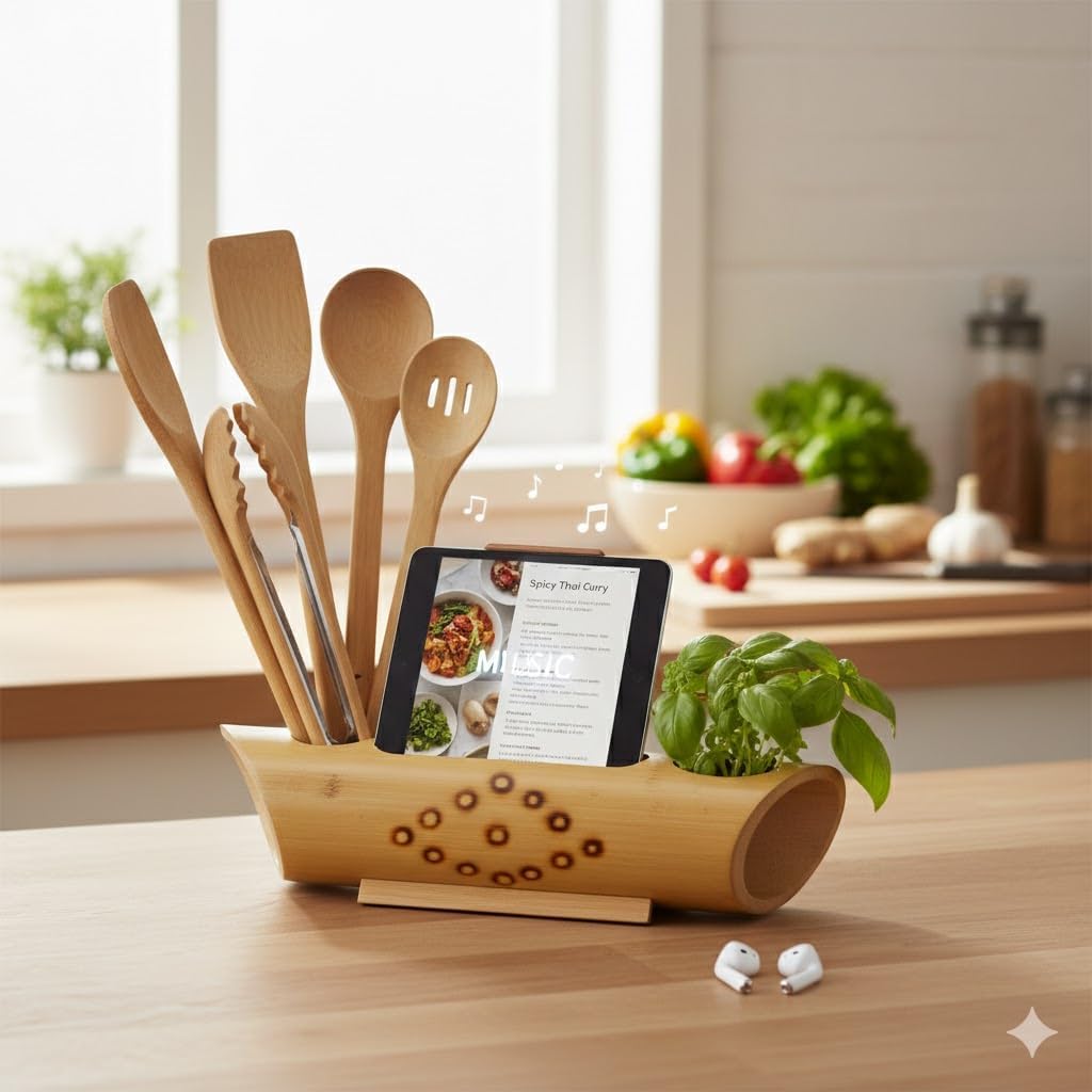 Bamboo Multi-Functional Desk Organizer and Phone Docking Station, Natural Wood Pen and Pencil Holder with Integrated Smartphone Stand, Minimalist Office Desktop Storage for Stationery and Accessories