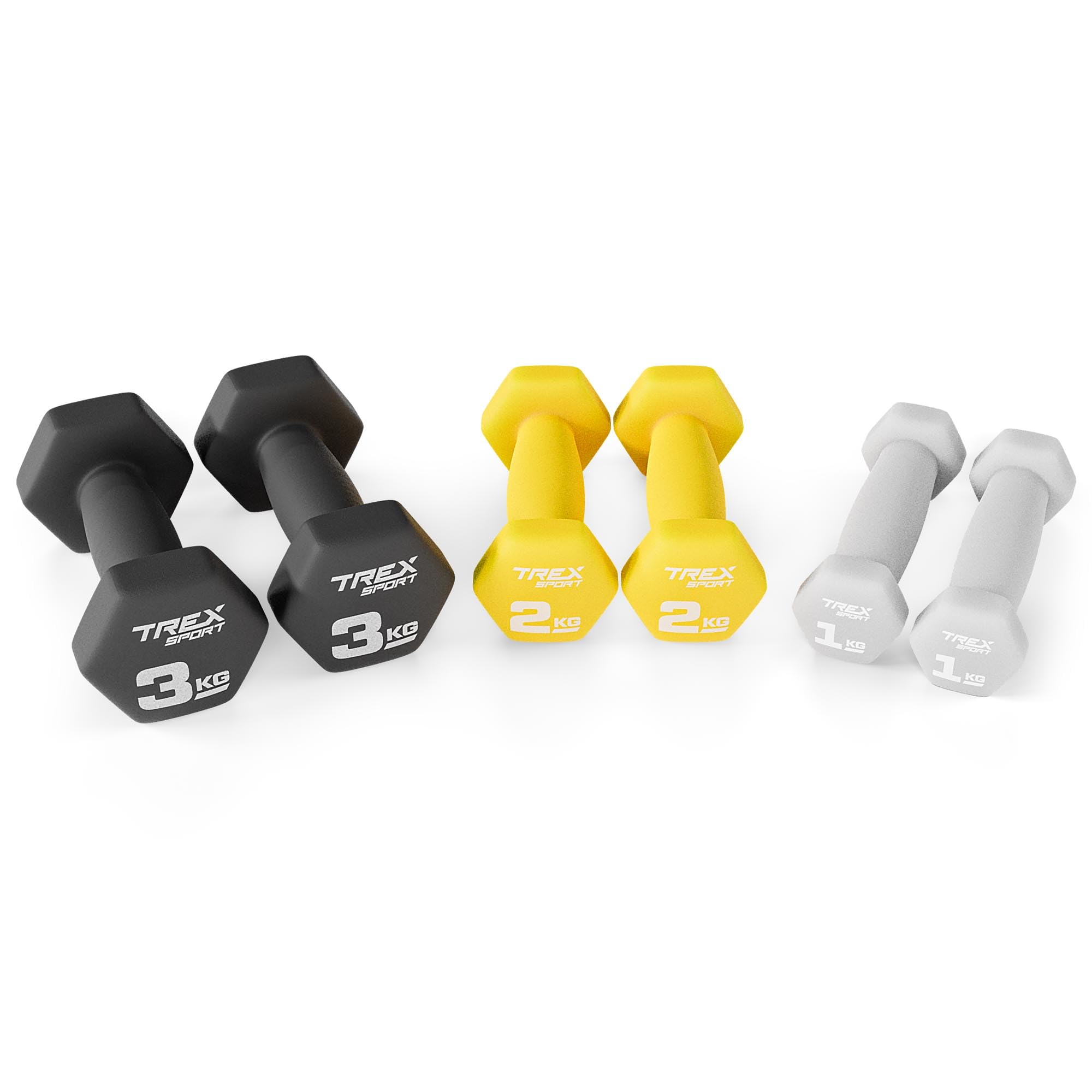 TREX SPORT Zestaw hantli neoprenowych ze stojakiem na hantle | zestaw 6 krótkich hantli 2 x 1 kg, 2 x 2 kg, 2 x 3 kg | zestaw hantli dla kobiet i mężczyzn