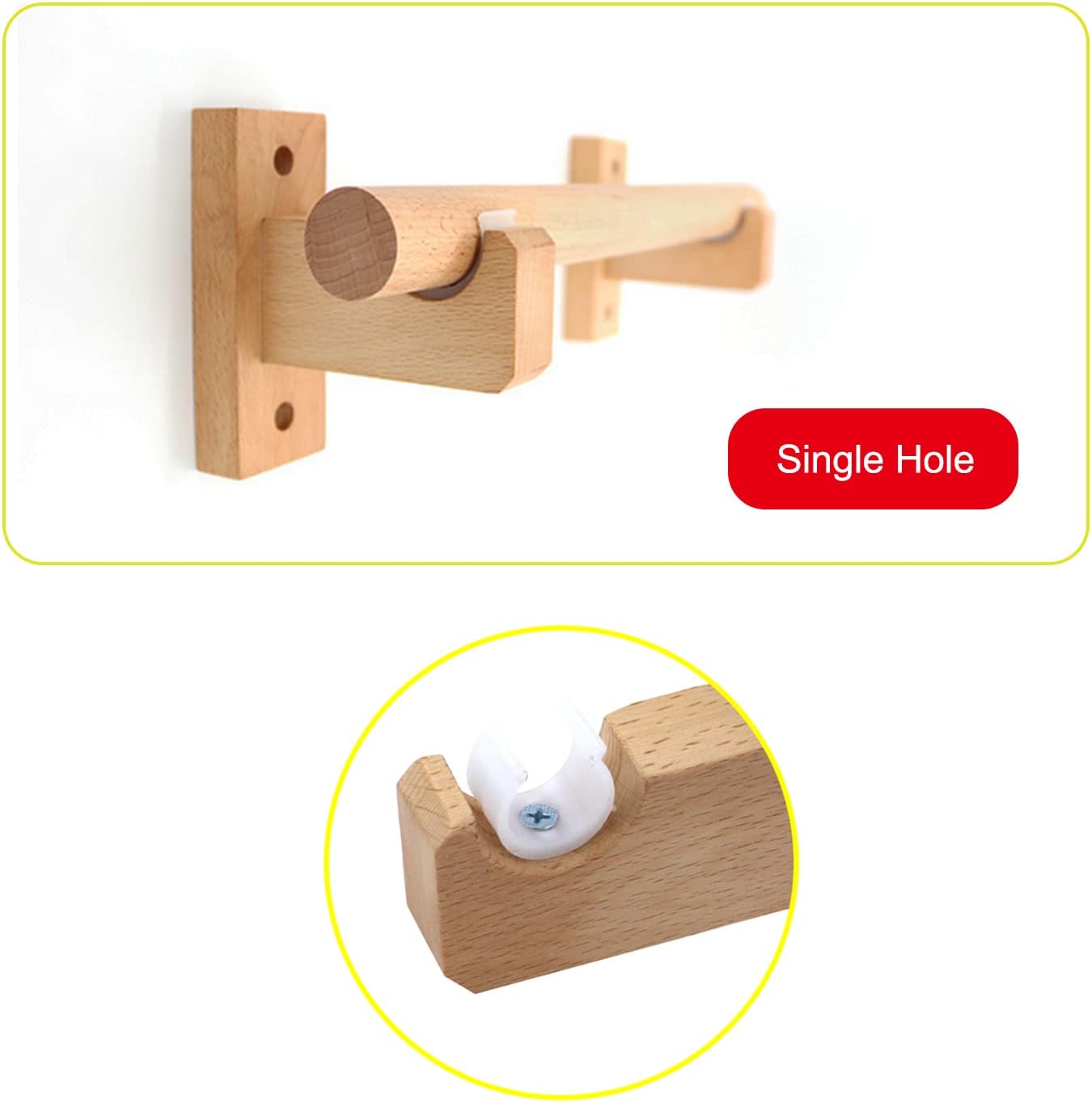 KUMGROT Window Curtain Brackets Wood Curtain Rod Holder Heavy Duty Single Rod Hooks for Kitchen Bedroom Living Room 2 Pcs (Single, Open 2)