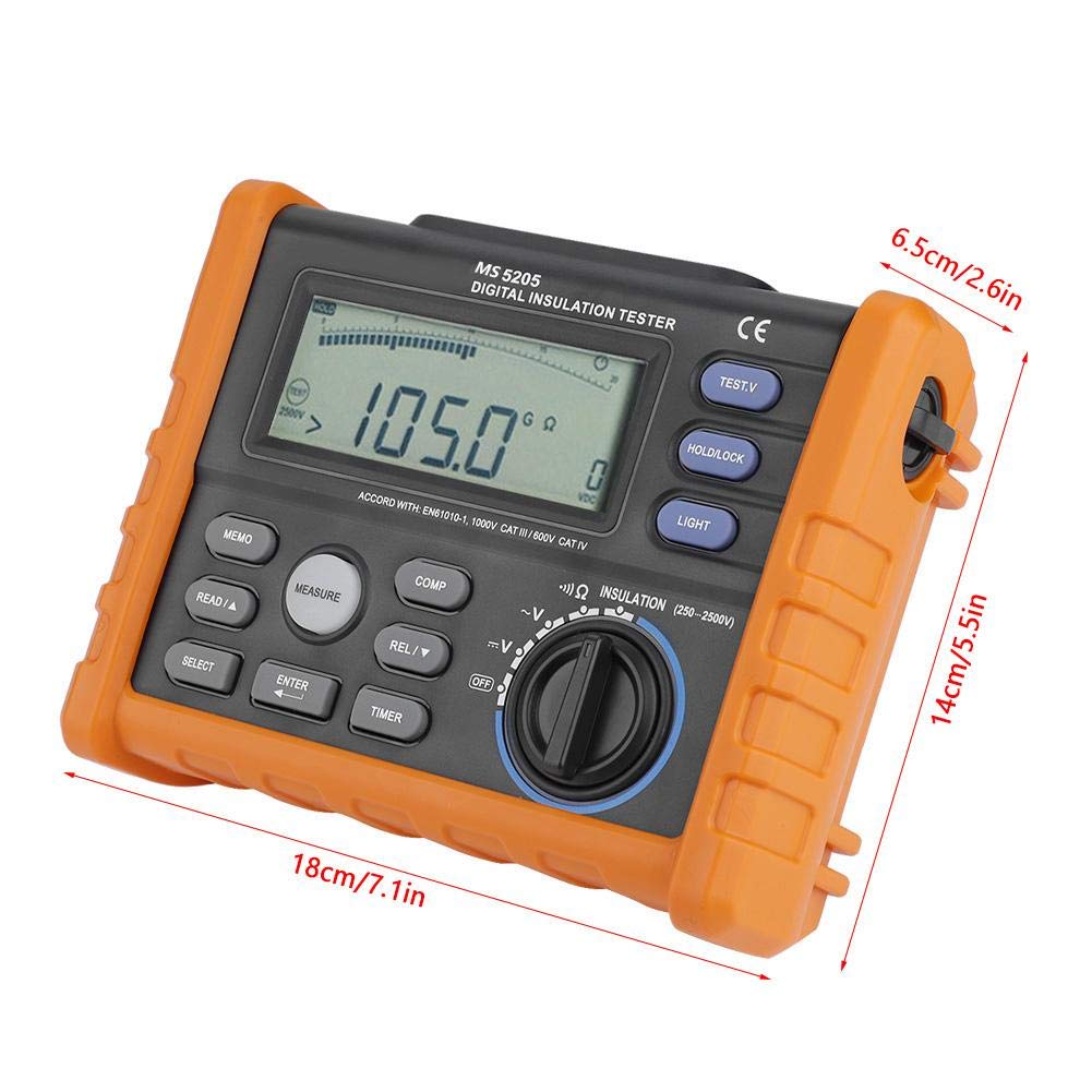 Akozon Erdungswiderstand Tester PM5205 Digitales Megohmmeter Digital Analoganzeige 0,01 M100 G2500V Isolationswiderstand Tester Meter Automatische Berechnung AC DC Spannung Test