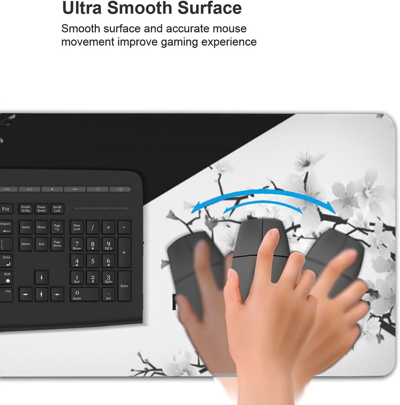 Black and White Japanese Cherry Tree Blosson Gaming Mouse Pad XL, Extended Large Mouse Mat Desk Pad, Stitched Edges Mousepad, Long Non-Slip Rubber Base Mouse Pad 31.5 X 11.8 Inch