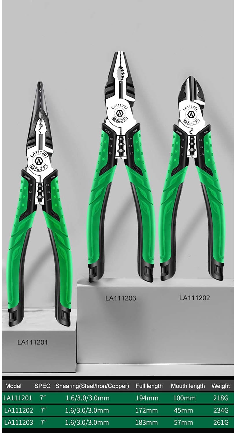 LAOA 7 Inch Multifunction Diagonal Pliers Wire Cutter Long Nose Pliers Side Cutter Cable Shears Electrician professional Tools (set)