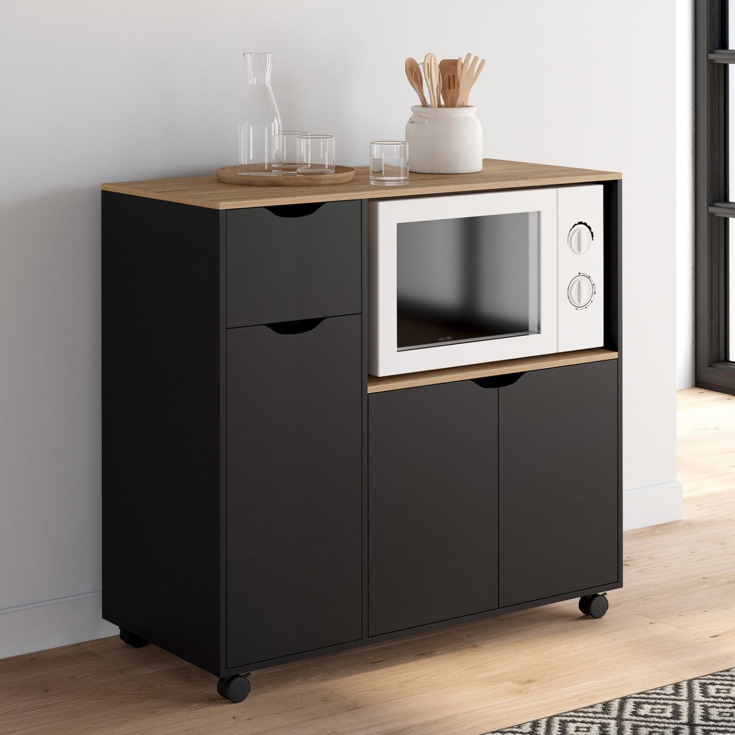 IDMarket COSI XXL - Postre para microondas de cocina (90 cm), diseño de madera negra y bandejas de haya, color negro