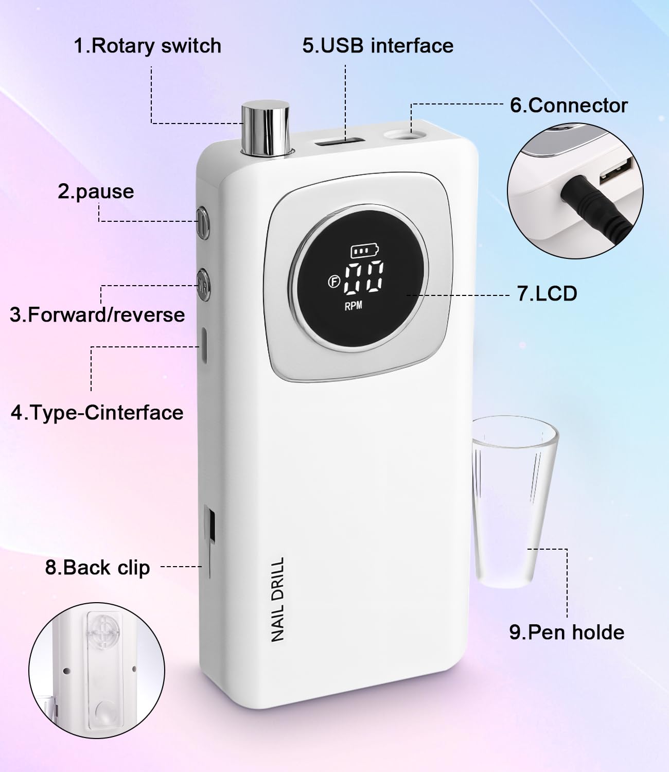 Ponceuse Pour Ongles Professionnelle, 45000RPM Lime A Ongle Electrique, Ponceuse Ongles Portable avec Écran LCD, Ensemble d’accessoires Kit avec Manucure Pédicure, pour Salon, Usage Maison