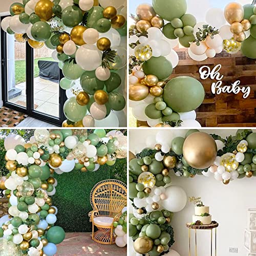 Image of CANREVEL 125pcs Sage Green Balloon Garland Arch Kit White Gold Confetti Balloons Retro Green Latex Balloon for Birthday Party Baby Shower Wedding Christmas Holiday Balloon Jungle Decorations