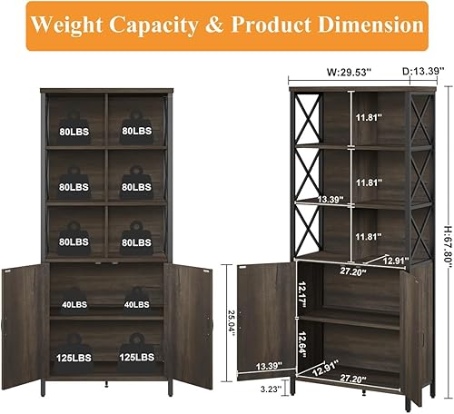 Miniatura 2 de FATORRI Estantería rústica con puertas para sala de estar, oficina en casa, dormitorio (marrón nogal)