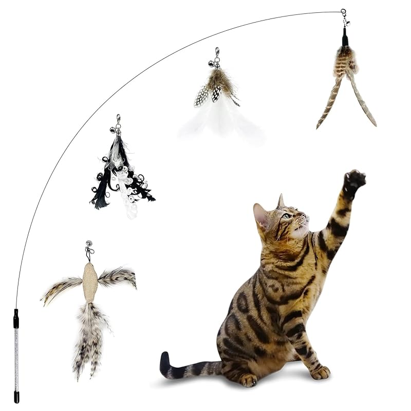 Brinquedo Interativo para Gatos com Varinha de Aço Flexível e Penas com Sinos TTcat, 4 Refis