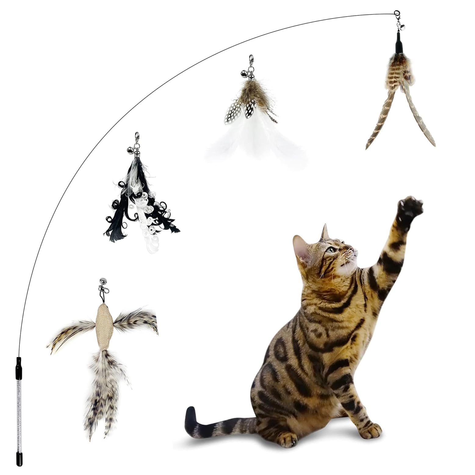 TTcat Cat Wand Toys,Interactive Bird Simulation Toy Set,Fishing Pole,35'' Flexible Steel Wire and 4Pcs Feather Refills,Teaser Toys for Indoor Cat and