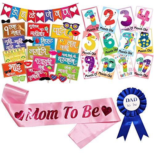 Image of Wobbox Marathi Baby Shower Decoration Items| Baby Shower Photo Booth Props For Photoshoot, Baby Shower Banner, Mom To Be Sash, Daddy To Be Badge With Milestone Card, Godh Bharai Decoration Kit-(FP341)