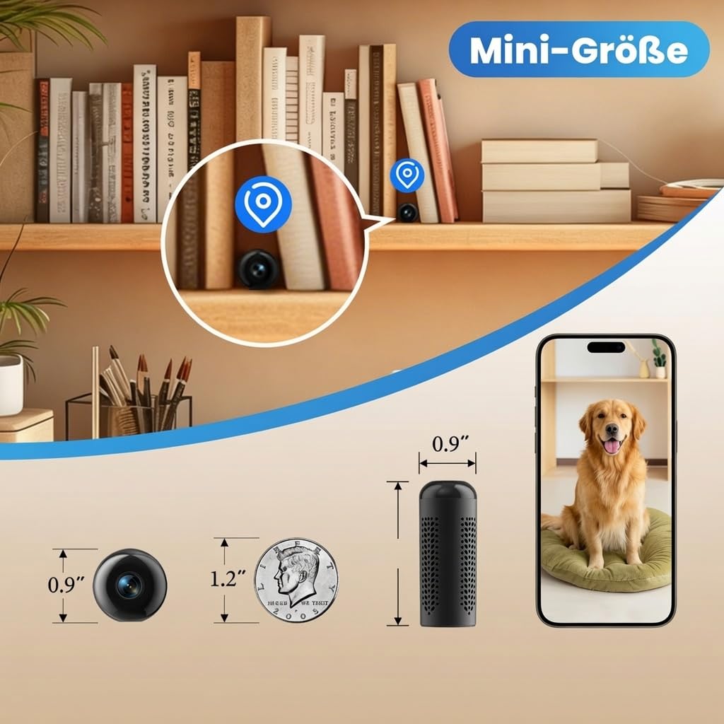 Mini Kamera 5G WLAN, Überwachungskamera mit Kostenlosem Cloud-Speicher, Offline-Aufnahme auf SD-Karte, Kabellose Kamera mit Akku, Nachtsicht & Bewegungserkennung