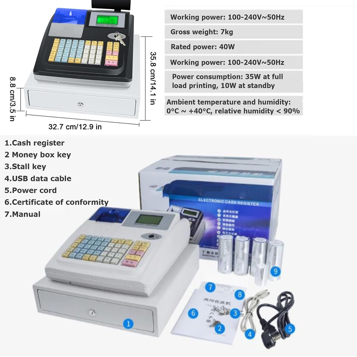Caisse enregistreuse pour supermarché, Caisse enregistreuse Commerciale, Caisse enregistreuse Automatique 48 Touches (Color : White)
