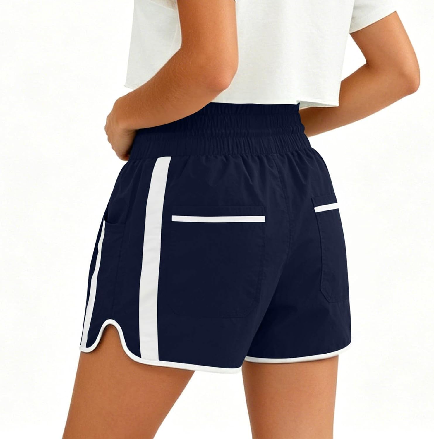 Women's Running Athletic Shorts Workout Gym High Waisted Lightweight Color Block Loose Track Shorts with Pocket