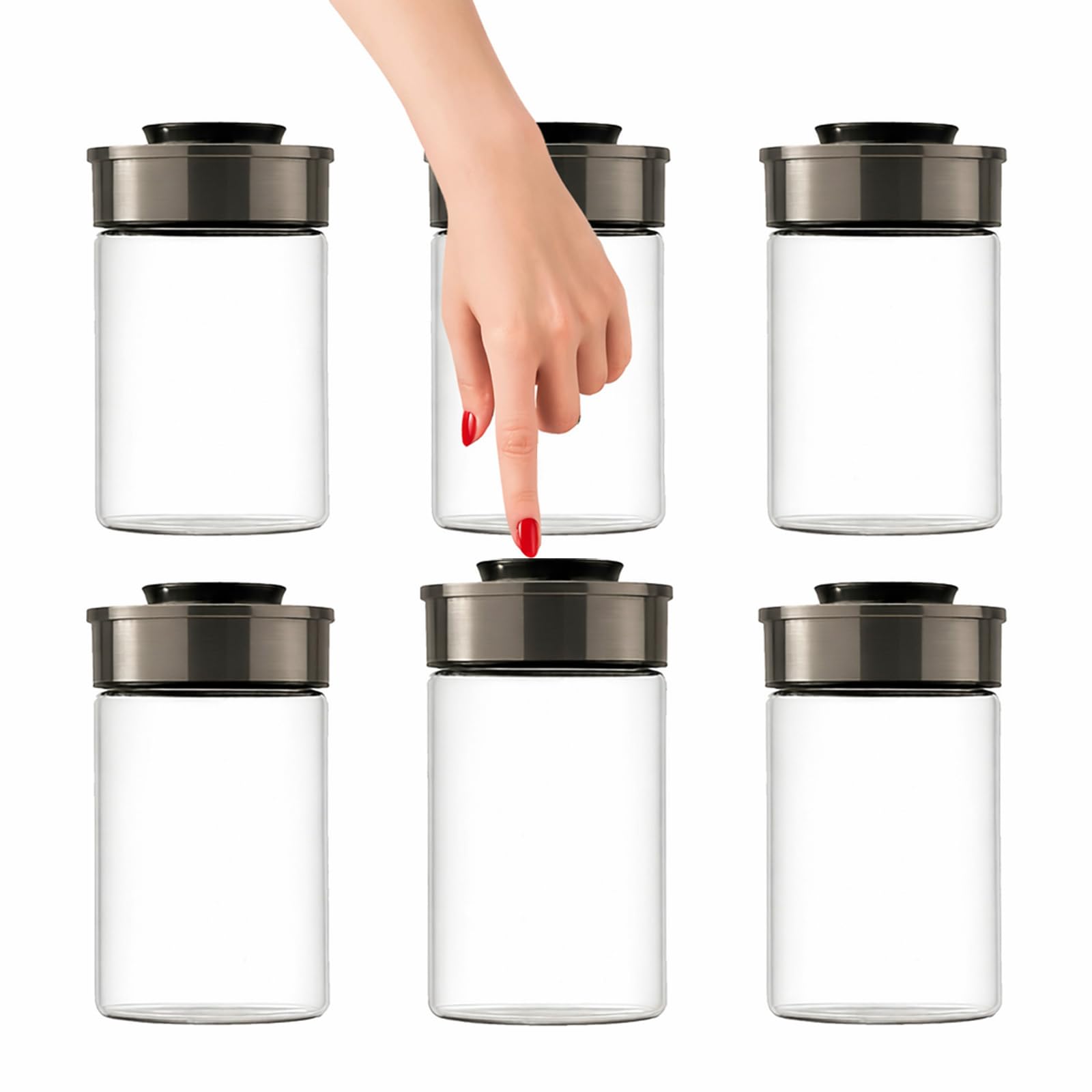 BURI Juego de 6 tarros de cristal de 1000 ml, herméticos con tapa de acero inoxidable y cierre de clic, apilables, aptos para lavavajillas, para cocina, almacenamiento de alimentos