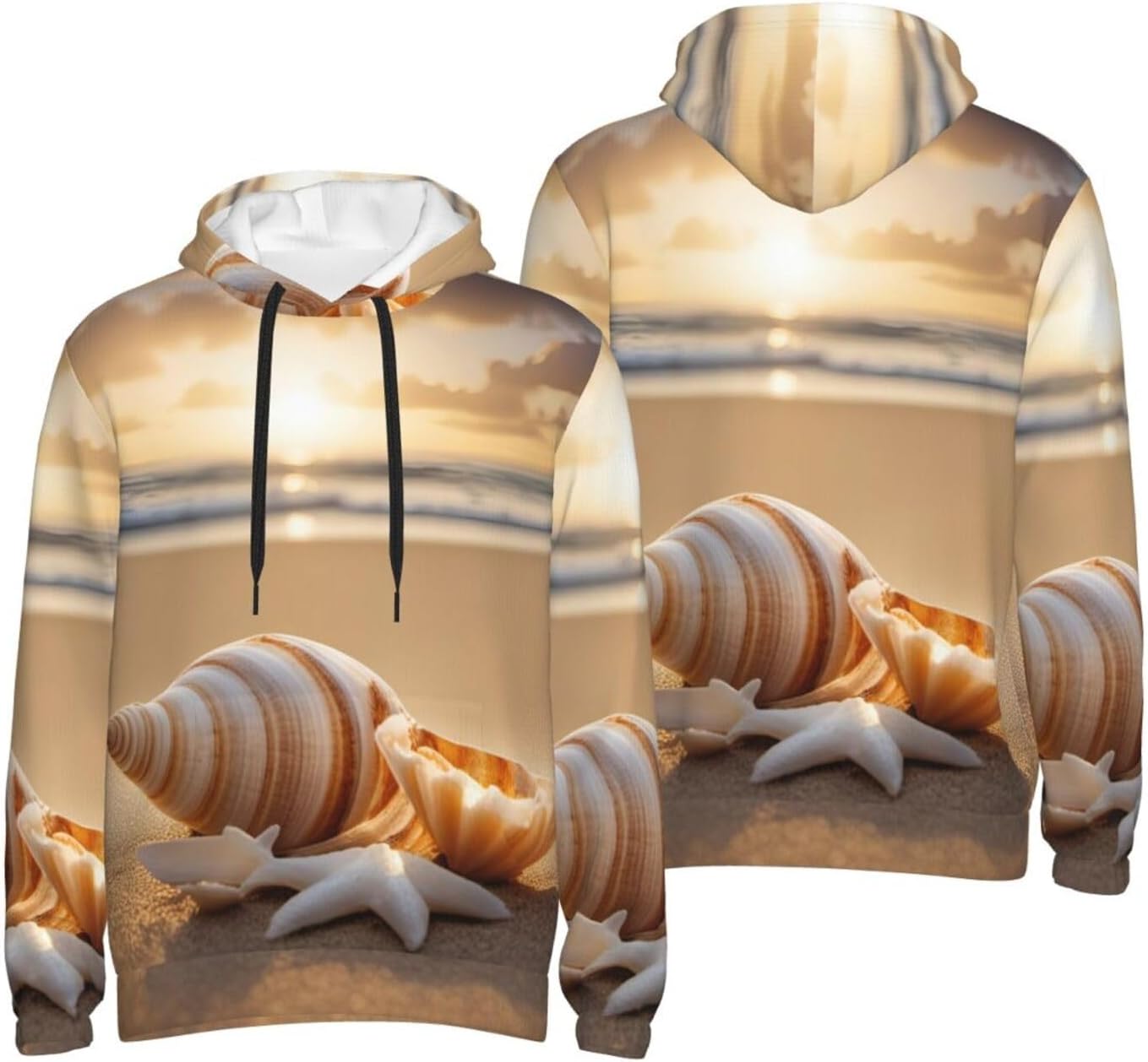 Seashell Landscape On The Beach print Men's novelty hoodie print sweatshirt for casual pullovers for both men and women Black