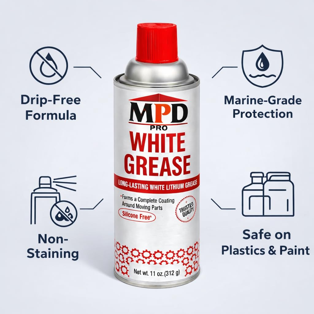 MPD PRO White Lithium Grease Spray, Marine-Grade Drip-Free Lubricant, Non-Staining High-Solid Formula for Garage Doors, Hinges, Chains & Automotive Use – 11 oz (2-Pack)
