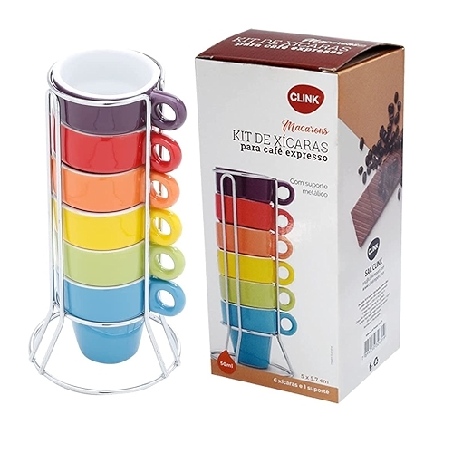 Jogo 6 Xícaras Para Café Expresso Coloridas Com Suporte 50ml