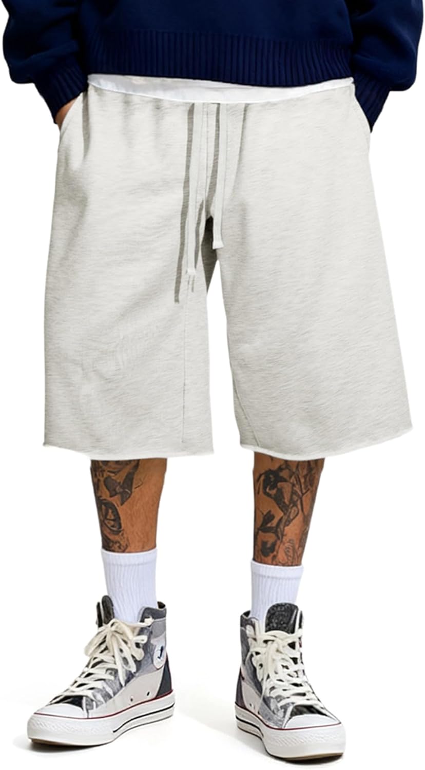 JMIERR 2026 Men's Baggy Sweat Shorts Under Knee Shorts Casual Raw Hem Drawstring Waist Y2K Shorts Loose Fit Gym Shorts