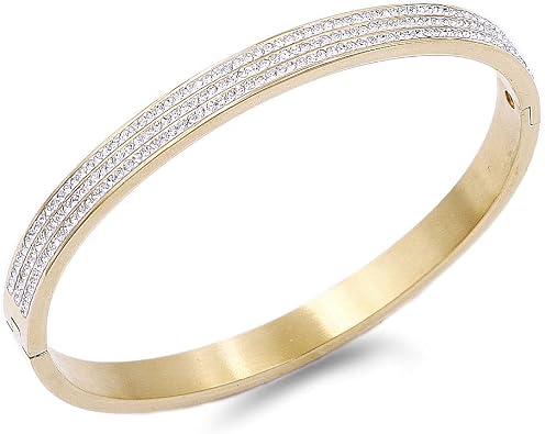 Lavencious Gold Plated Stainless Steel with CZ Stones Hinged Bangle 6mm Width Bracelets fow Women 7"