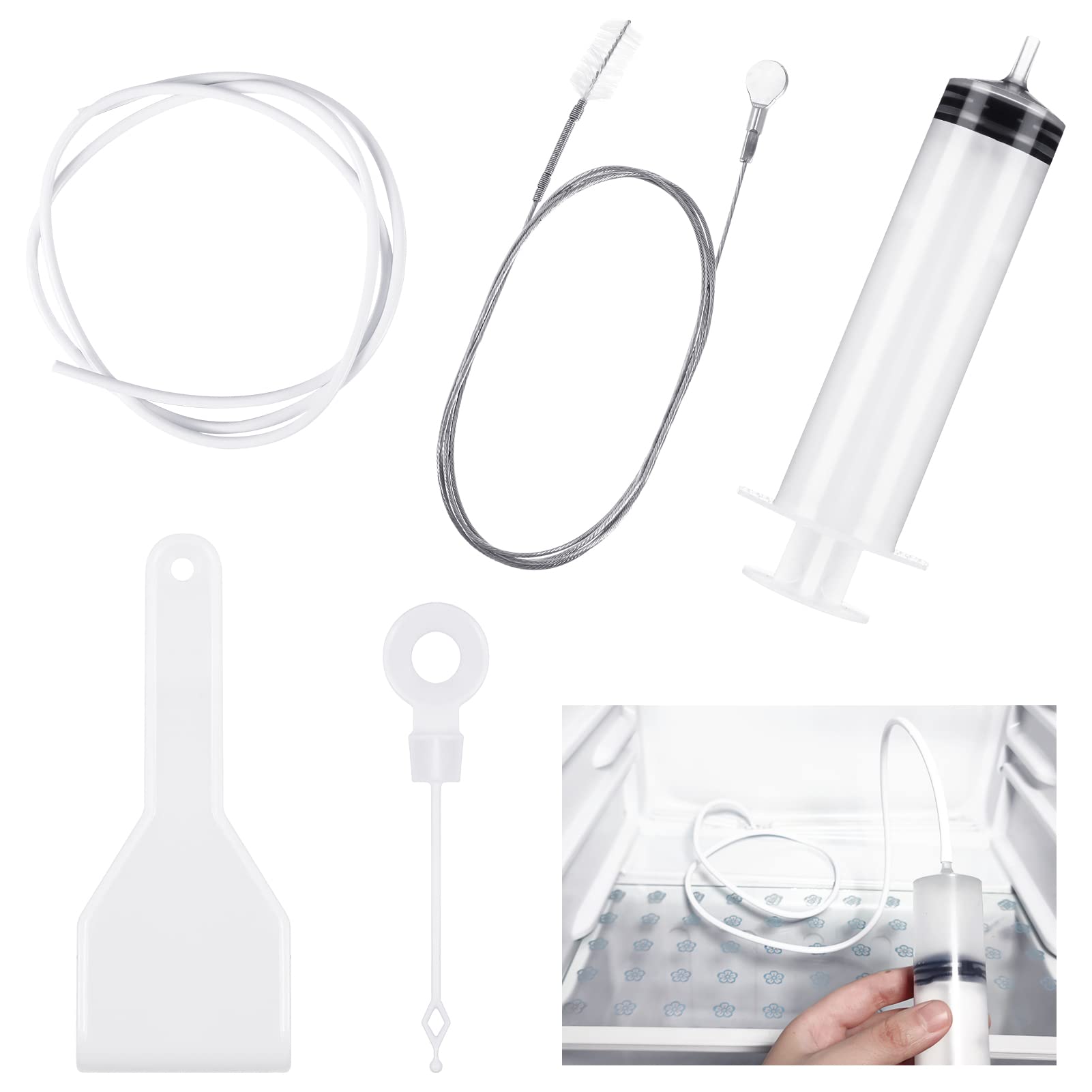 FRIUSATE 5 Pcs Fridge Cleaning Kit, Fridge Drain Hole Cleaner Fridge Syringe Kit Fridge Dredger Cleaning Set Include Drain Pipe Brush Fridge Dredge Hose Plunger Syringe Ice Shove for Refrigerator