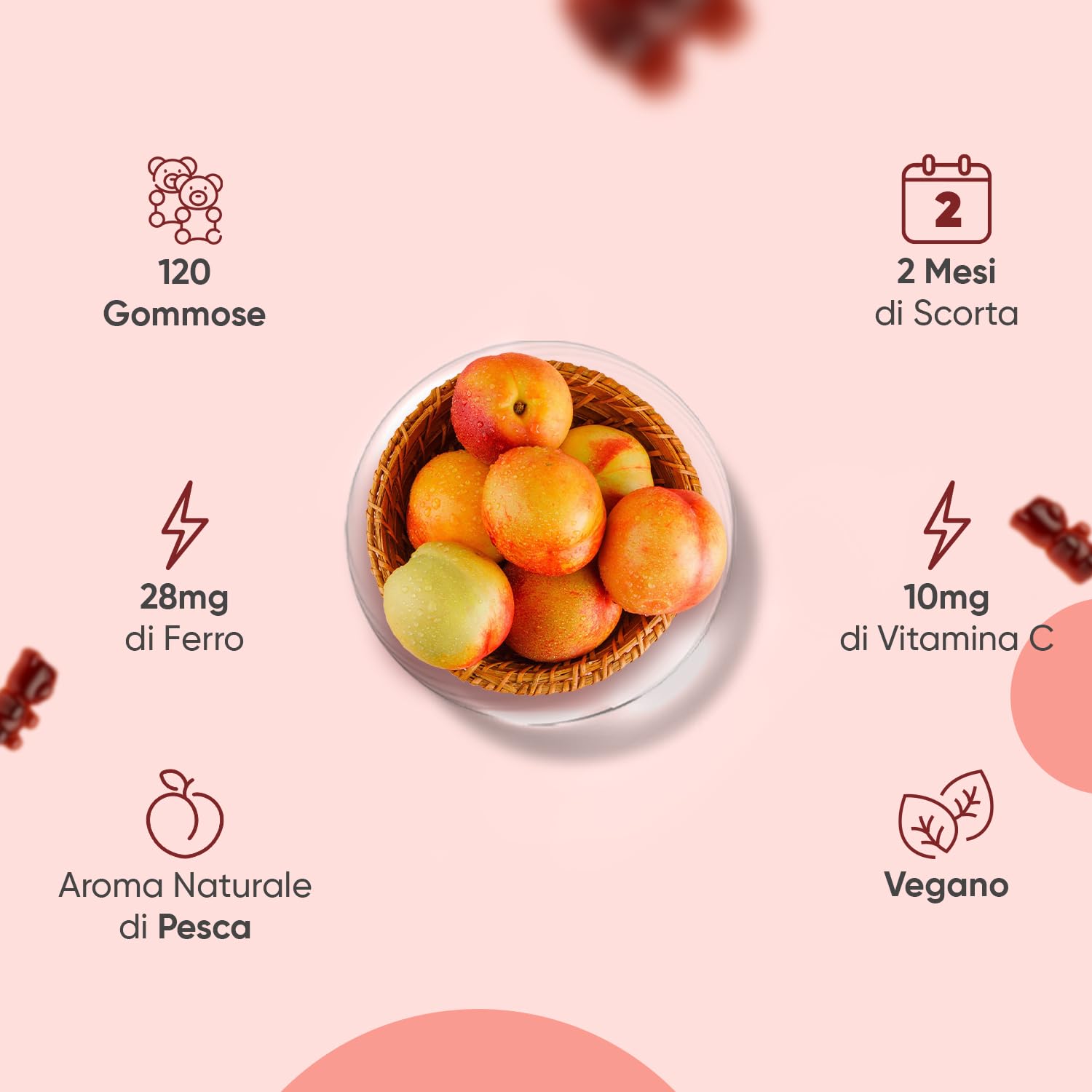 Integratore Ferro e Vitamina C in 120 Caramelle Gommose Vegane (Scorta 2 Mesi), 38mg di Ferro Integratore (Fumarato Ferroso) con Vitamina C (Acido L-Ascorbico), Gusto Naturale di Pesca, Senza Glutine