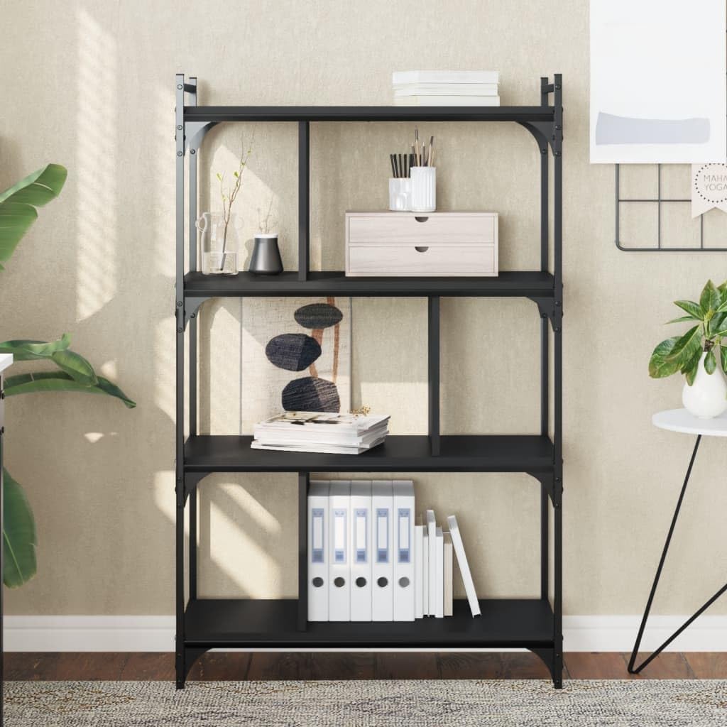 Bücherregal 4 Böden Schwarz Holzwerkstoff und Metall mit verstellbaren Beinen 76x32x123 cm freistehend für Wohnzimmer, Büro und Kinderzimmer als platzsparendes Regalsystem mit viel Stauraum
