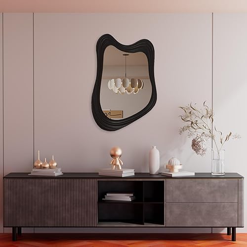 osemy 32"x 24" Irregular Wall Mirror, Black Wood Framed, Asymmetrical