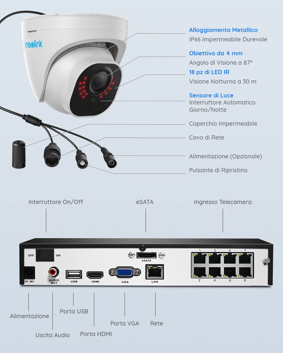Reolink 4K Poe Kit Telecamere Videosorveglianza, Rilevamento di Uomo/Veicolo, NVR 8CH 2TB + 4X Telecamera Esterno, Visione Notturna IR 30m, Espandibile a 16TB, Impermeabile IP67, RLK8-800D4