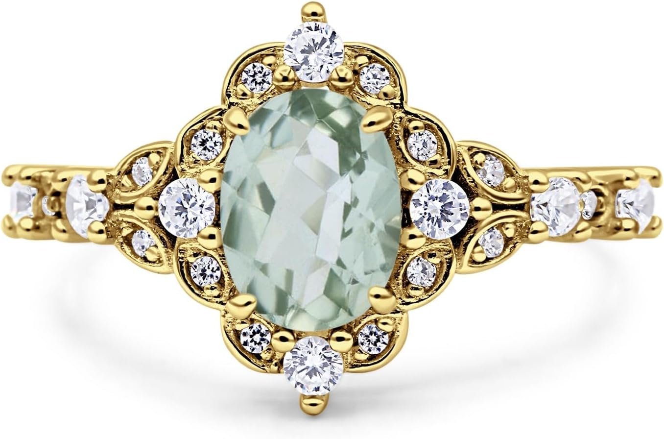 OMRANII Halo Vintage Inspired Art Deco Oval Shaped Natural Green Amethyst Engagement Wedding Ring Cubic Zirconia Stones 925 Sterling Silver