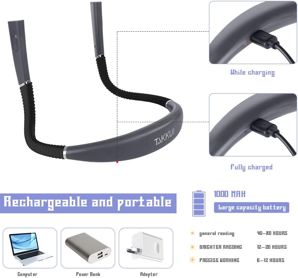 Neck Reading Light for Books in Bed, Book Light for Reading in Bed LED Brightness Adjustable 3 Color 3 Brightness Level Neck Reading Light Rechargeable for Knitting, Camping, School, Repairing